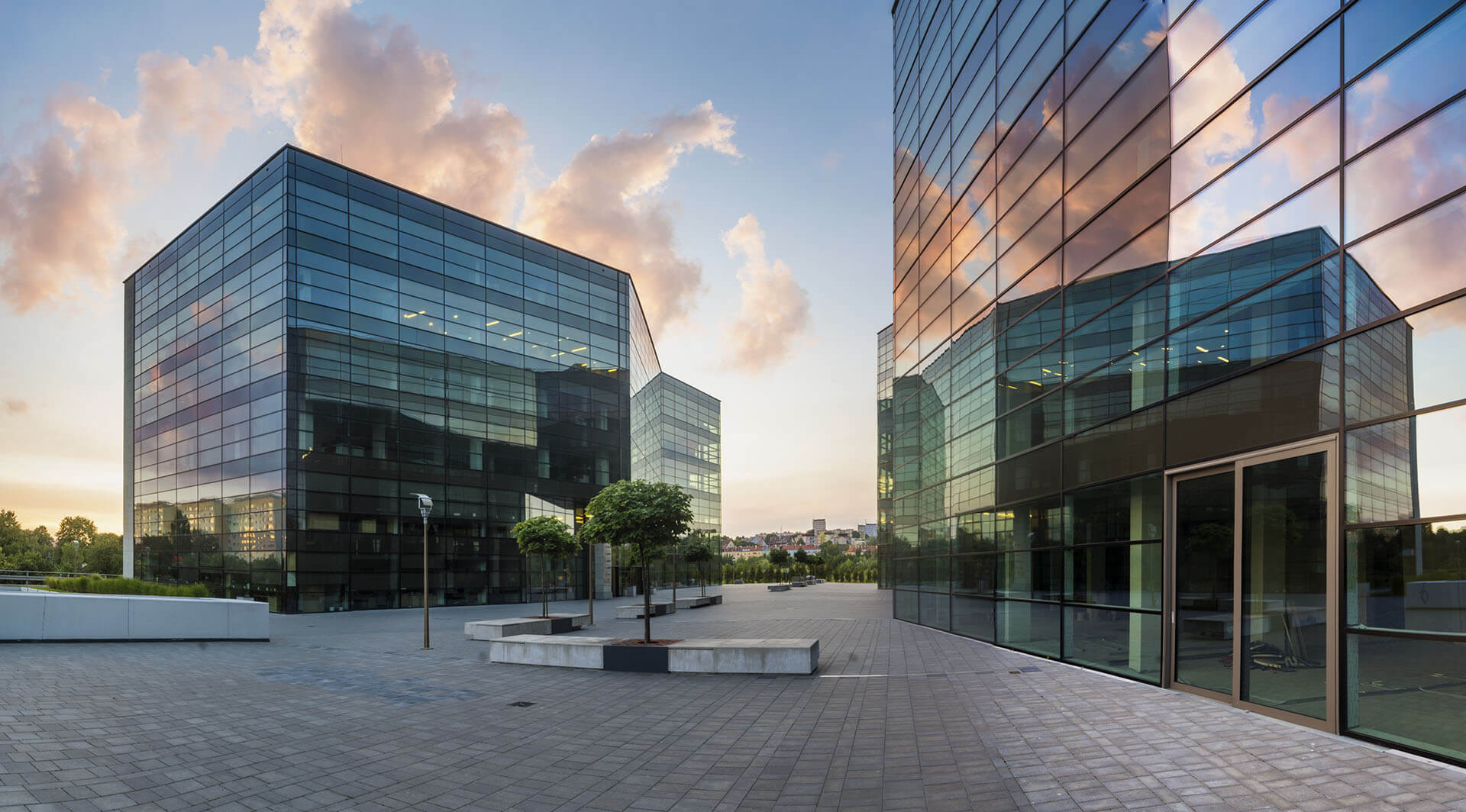 Commercial Building with sunset