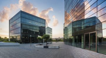 Commercial Building with sunset