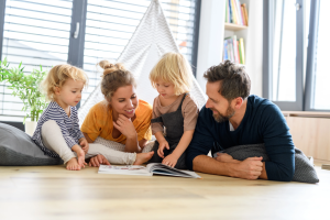 Young happy family at home