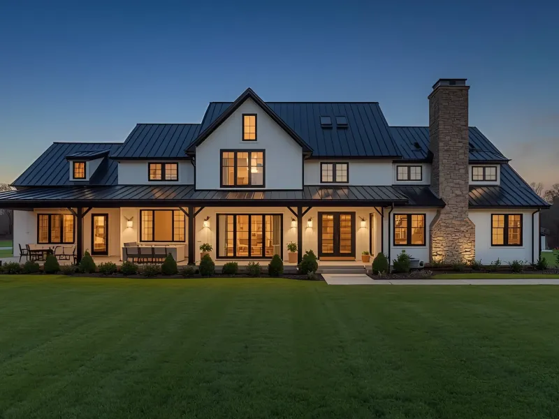 Large modern farmhouse-style home at dusk.