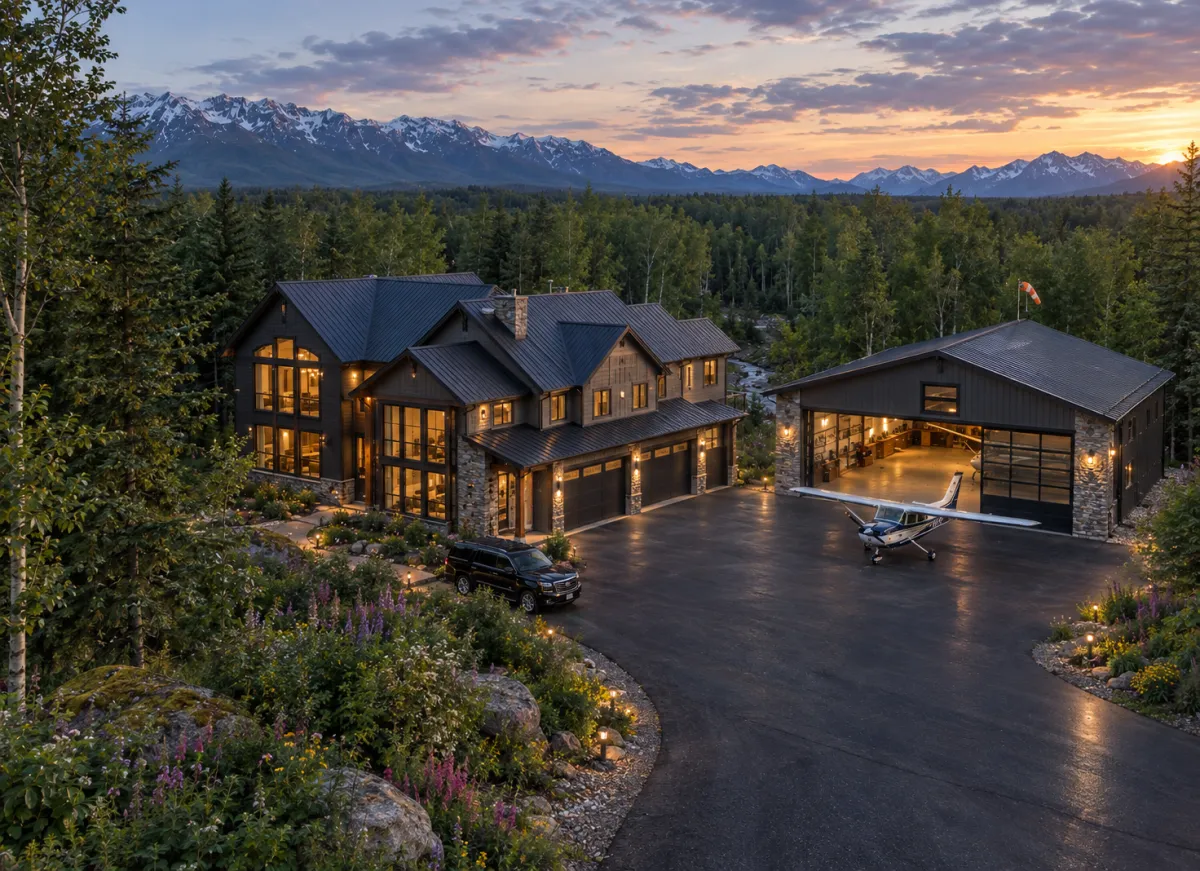 Luxury mountain home exterior at sunset with forest, mountains, and detached hangar