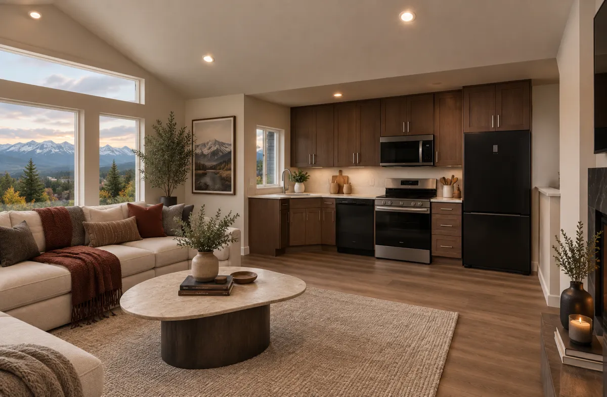 Warm modern living room and kitchen with mountain views through large windows