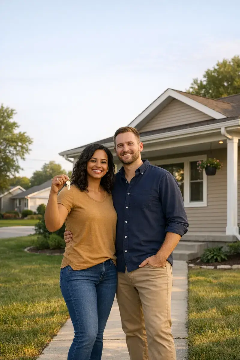 Ohio homebuyer couple standing outside a move-in-ready home after qualifying for a USDA loan.