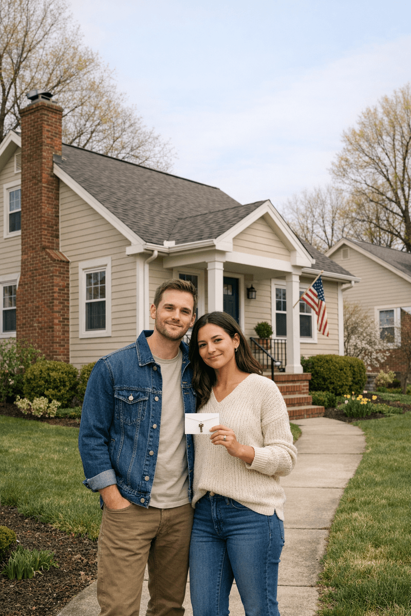 First-time home buyer couple standing outside an Ohio starter home after receiving their keys.