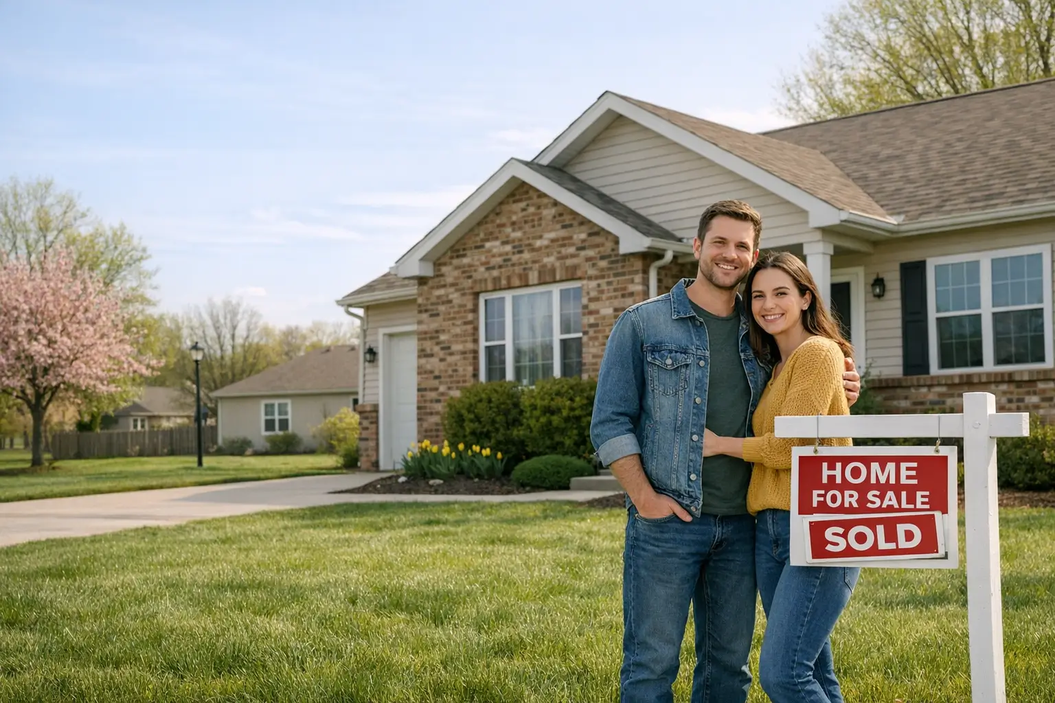Attainable Ohio starter home and buyers outside after closing on an FHA-financed purchase.