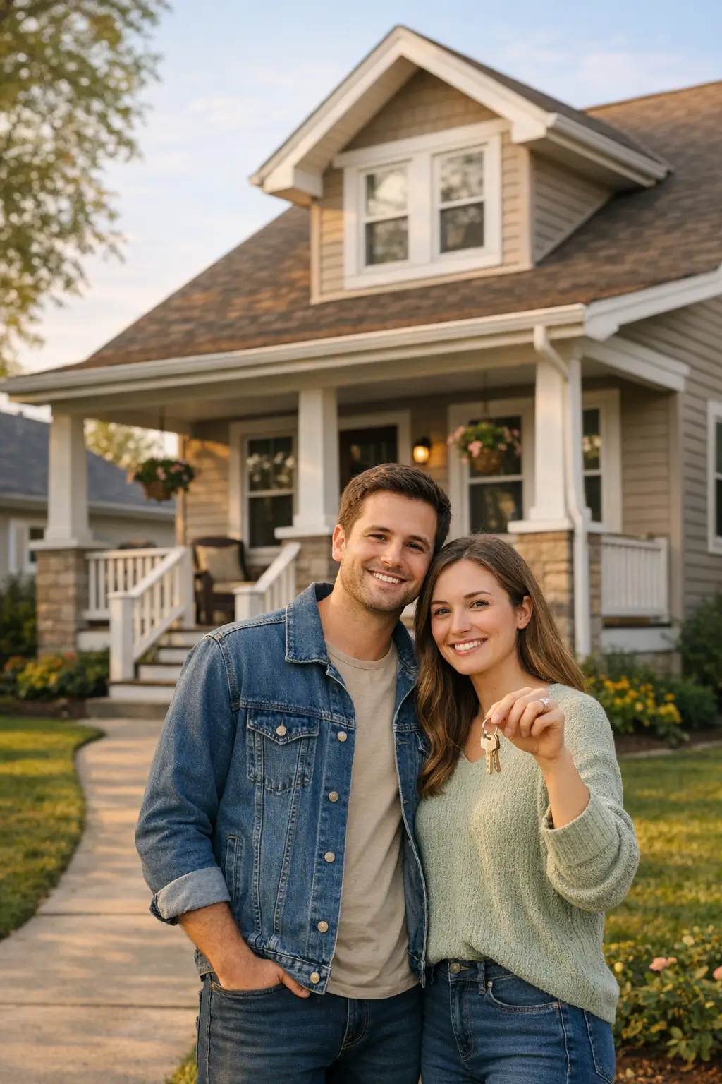 Ohio homebuyer couple outside a modest starter home, celebrating with house keys after closing.