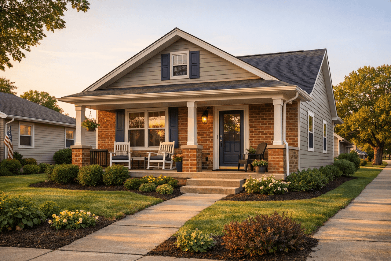 Warm, attainable starter home in an Ohio neighborhood at golden hour.