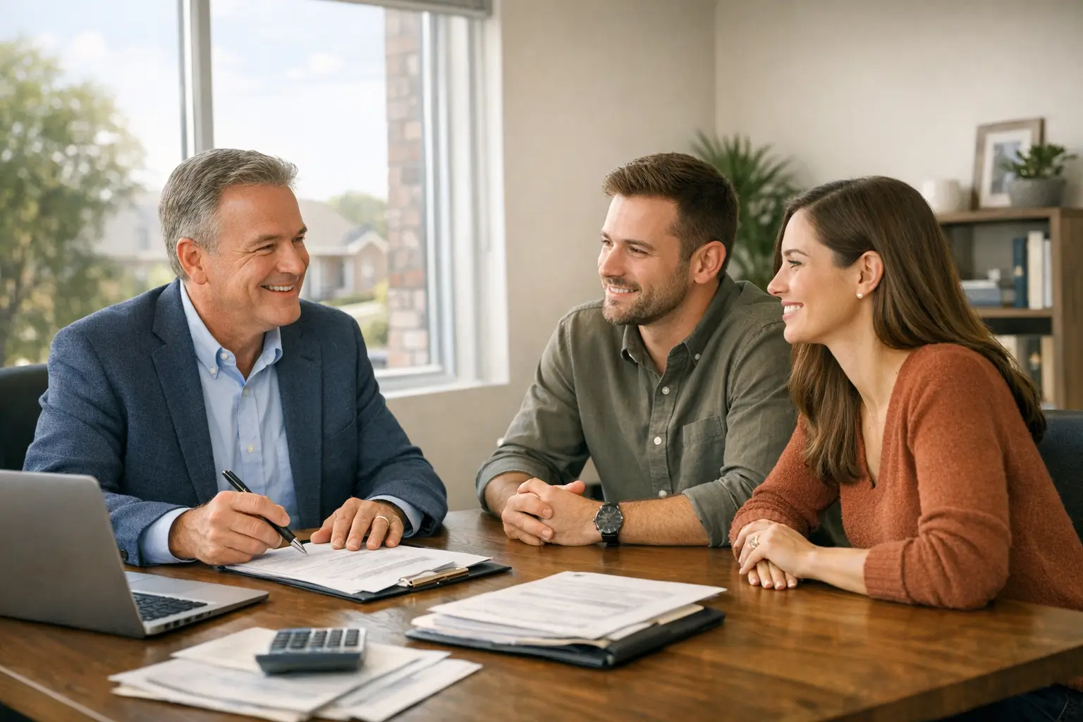 Ohio loan officer meeting with a homebuyer couple to review mortgage paperwork.
