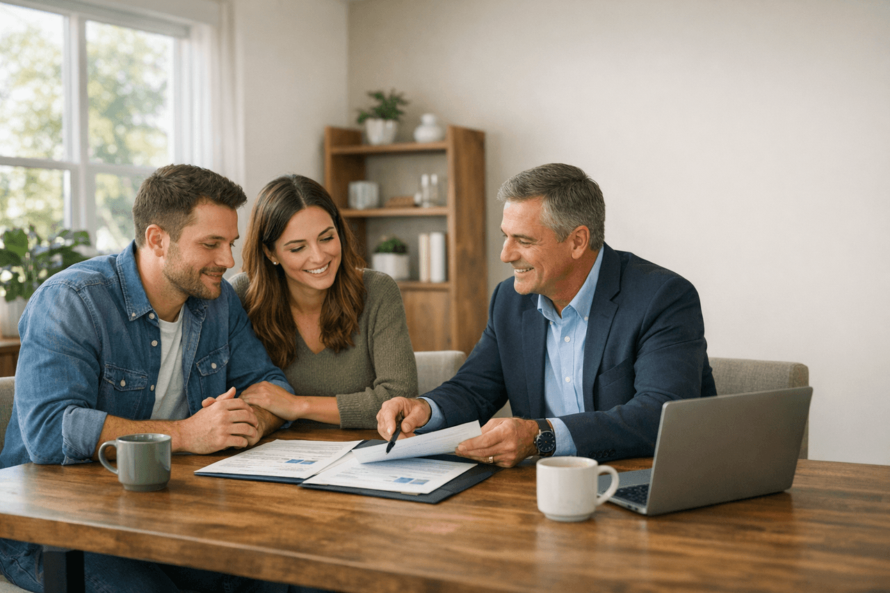 Loan officer meeting with a first-time buyer couple in a bright mortgage office.